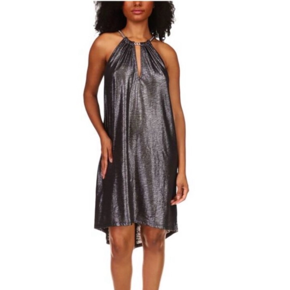 New! MICHAEL KORS silver Shimmer halter Chain Black Sleeveless Hi-Lo Dress